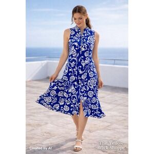 MSK Blue & White Floral A-Line Dress Size Small Sleeveless